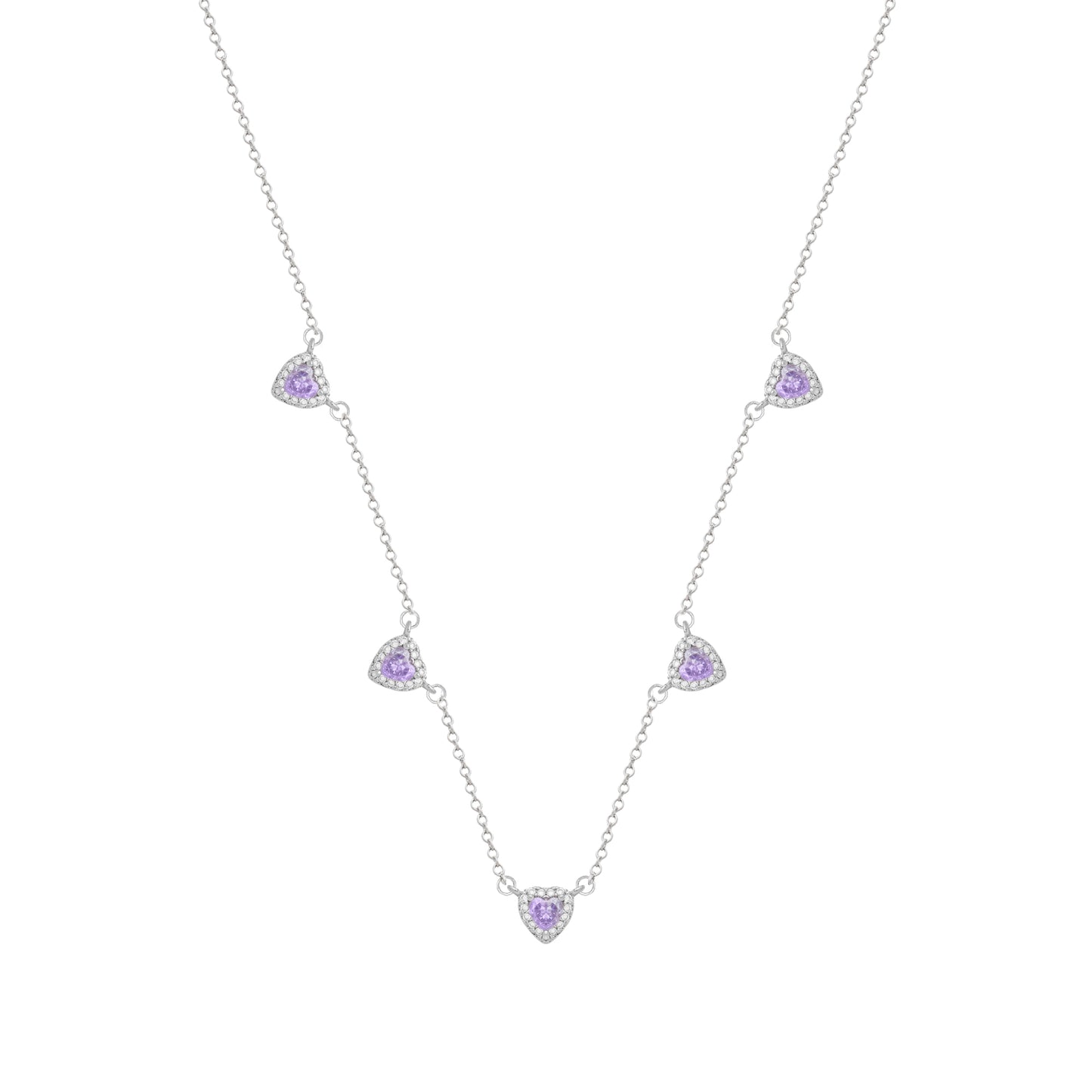 Conjunto Prateado de Coração Lilás Cravejado de Zircônia