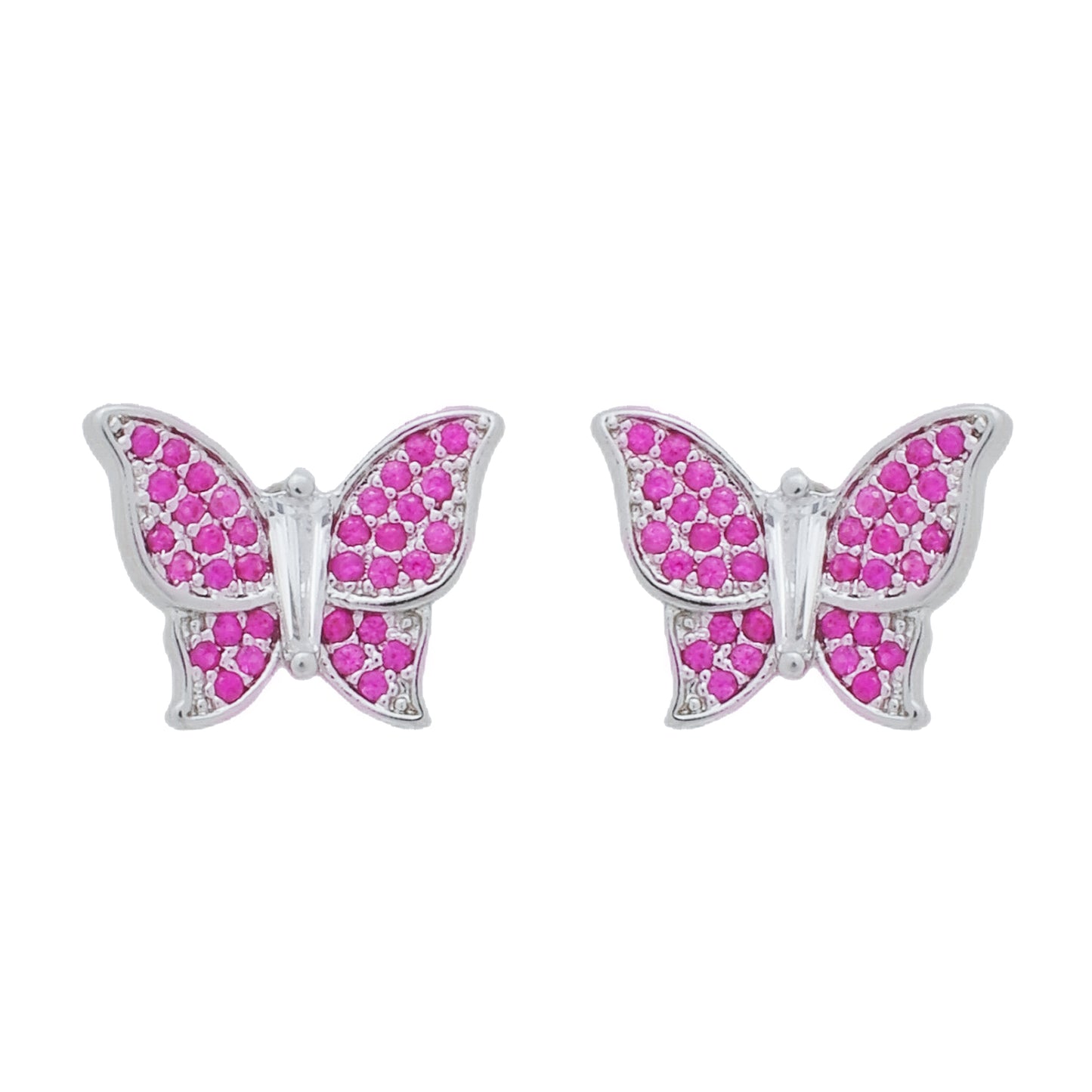 Conjunto Prateado de Borboletas Cravejado de Zircônia Rosa