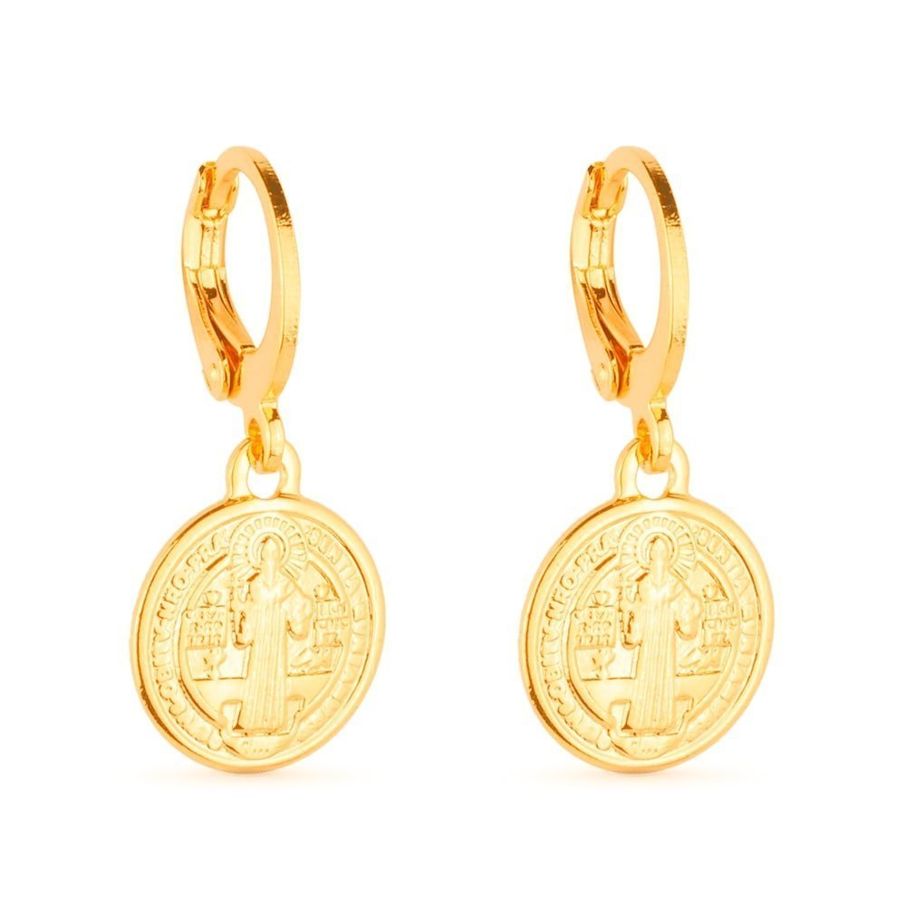 Brinco Dourado de Argolinha Com Medalha São Bento