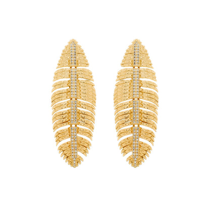 Brinco Dourado de Pena Cravejado de Zircônia
