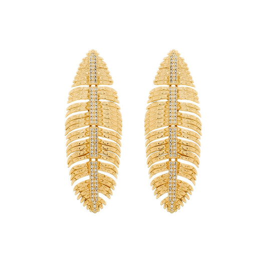 Brinco Dourado de Pena Cravejado de Zircônia