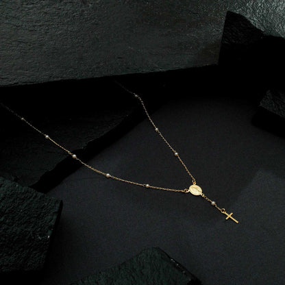 Colar Dourado Religioso Terço Cruz e Pérolas
