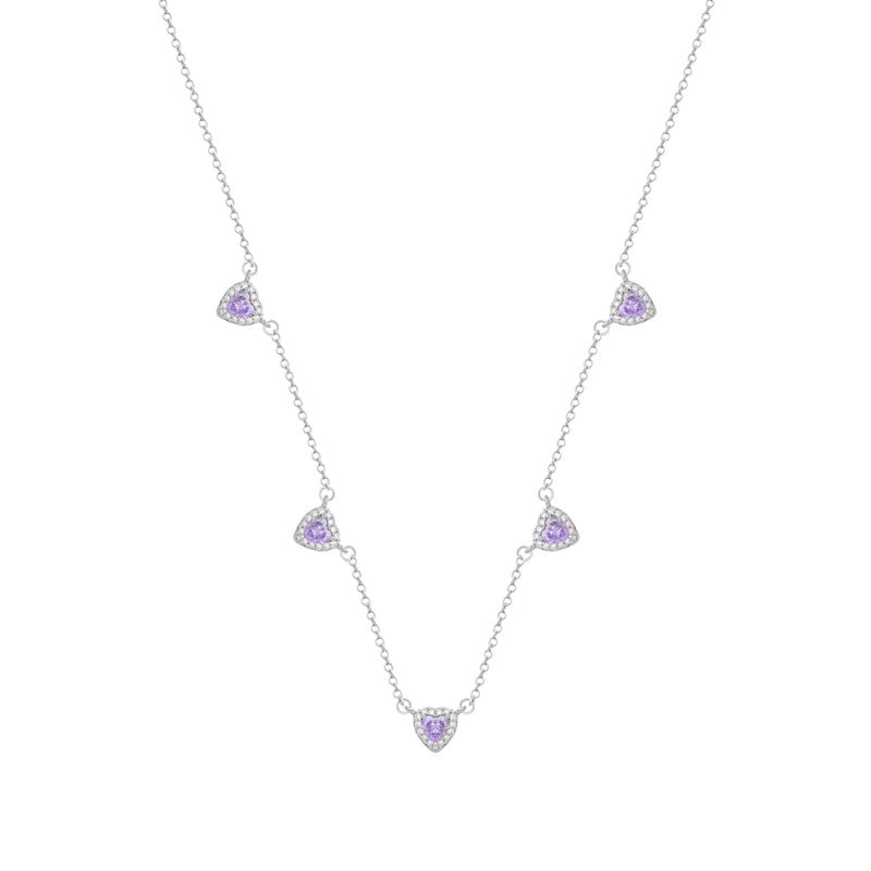 Conjunto Prateado de Coração Lilás Cravejado de Zircônia
