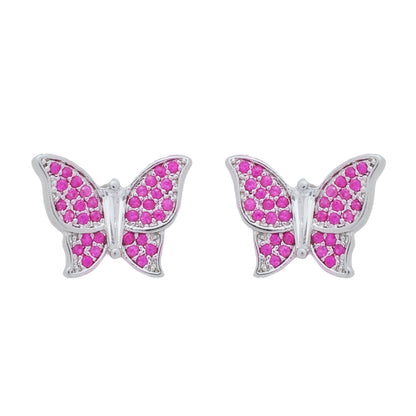 Conjunto Prateado de Borboletas Cravejado de Zircônia Rosa