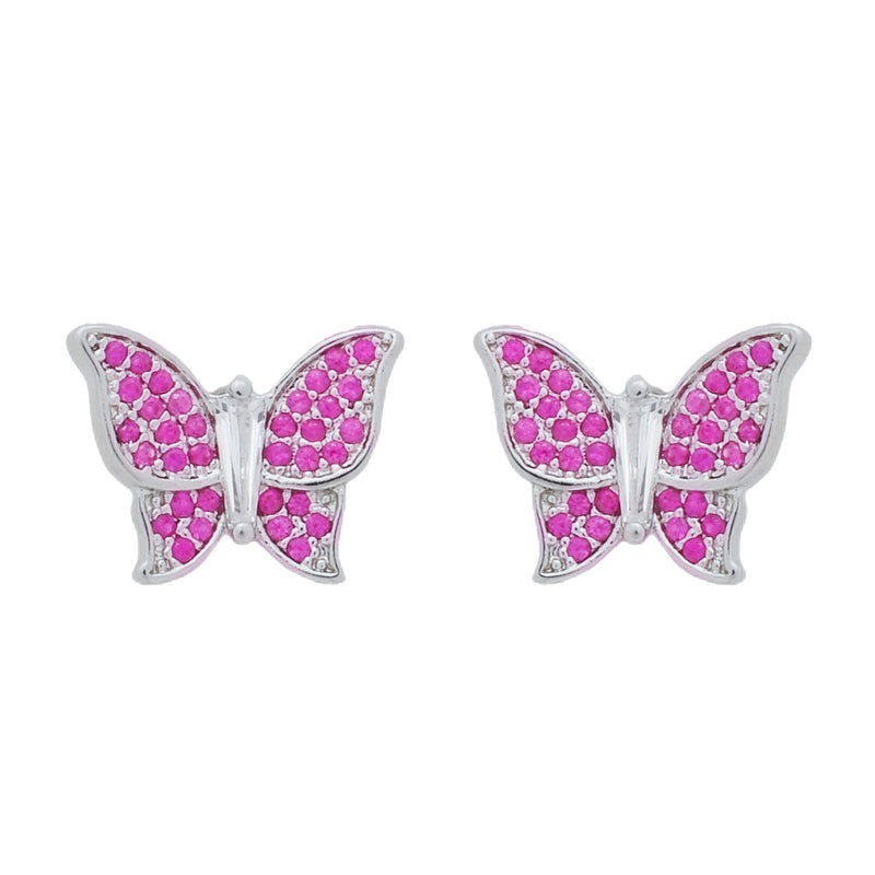 Conjunto Prateado de Borboletas Cravejado de Zircônia Rosa