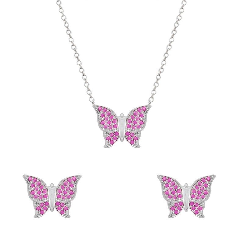Conjunto Prateado de Borboletas Cravejado de Zircônia Rosa