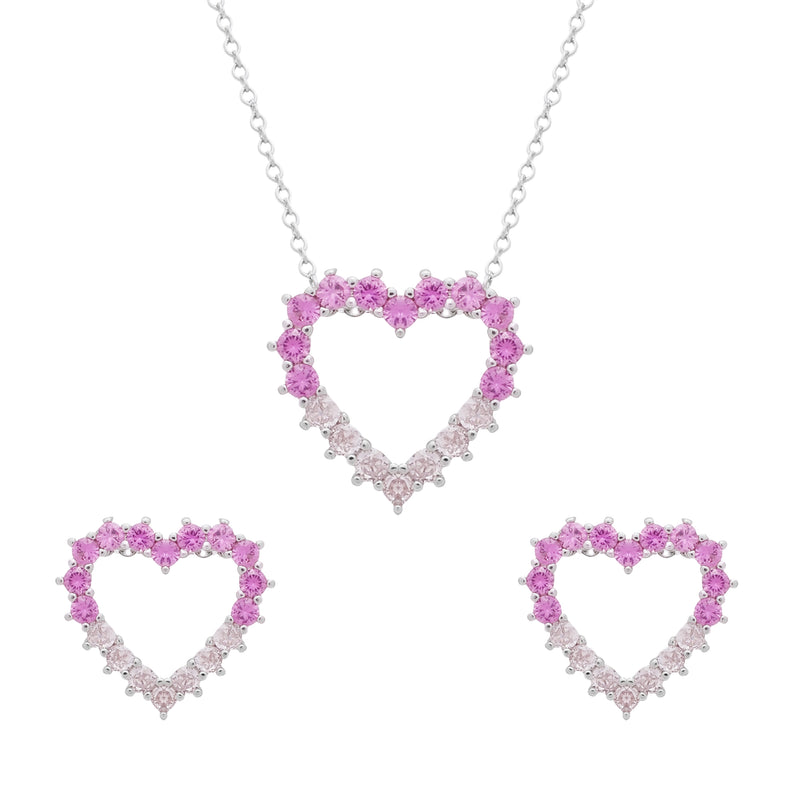 Conjunto Prateado de Coração Vazado Cravejado de Zircônia Rosa Dois Tons