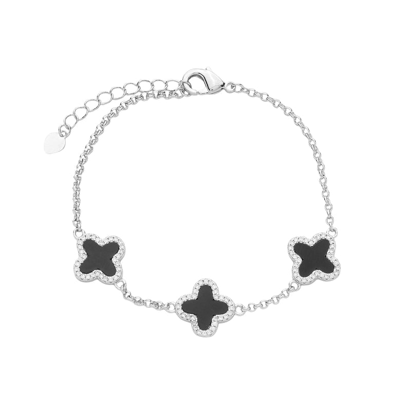 Pulseira Prateada de Trevos Pretos Cravejados de Zircônia