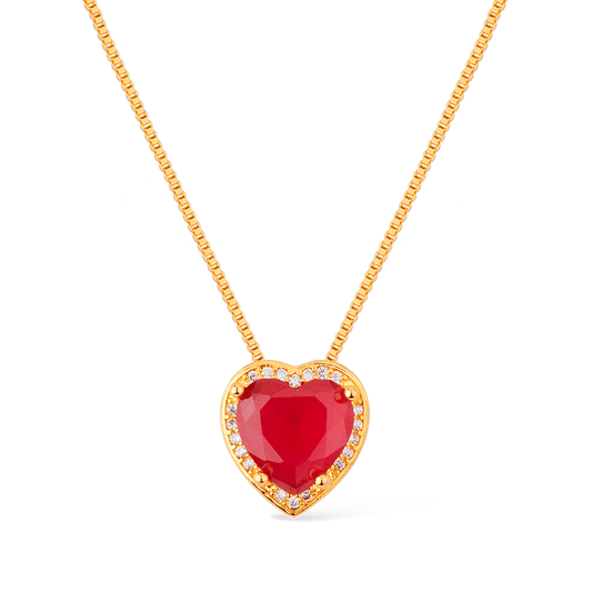 Colar Dourado de Pedra Natural Vermelha Coração Cravejado de Zircônia