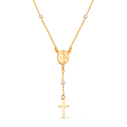 Colar Dourado Religioso Terço Cruz e Pérolas